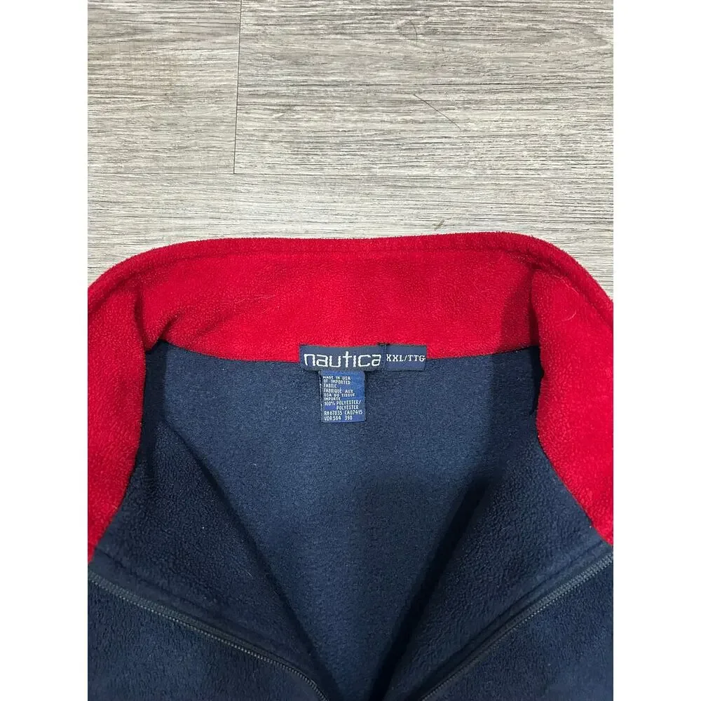 Vintage Nautica Fleece Pullover Mens XXL 1/4 Zip Back Collar Spellout Navy Red